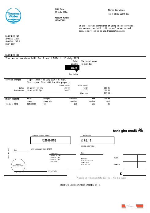 United Kingdom Thames Water business utility bill template in Word and PDF formats